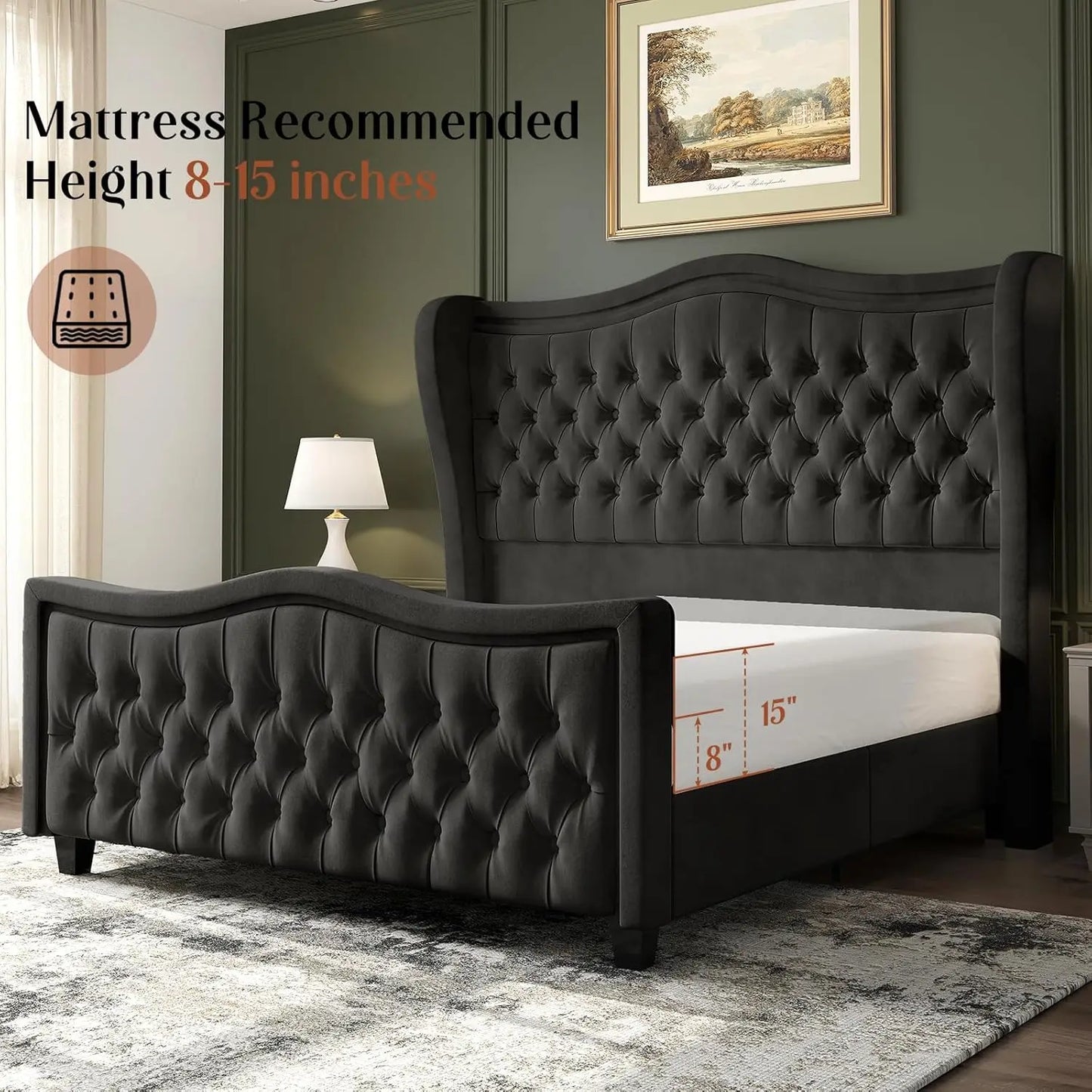 King Size Bed Frame with LED Lights, 53'' Upholstered Platform Wingback Bed with Handmade Deep Button Tufted Headboard Footboard