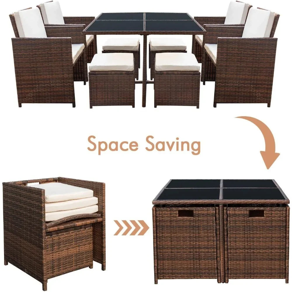 9 Pieces Patio Dining Sets Outdoor Space Saving Rattan Chairs with Glass Table Patio Furniture Sets Cushioned Seating (Beige)