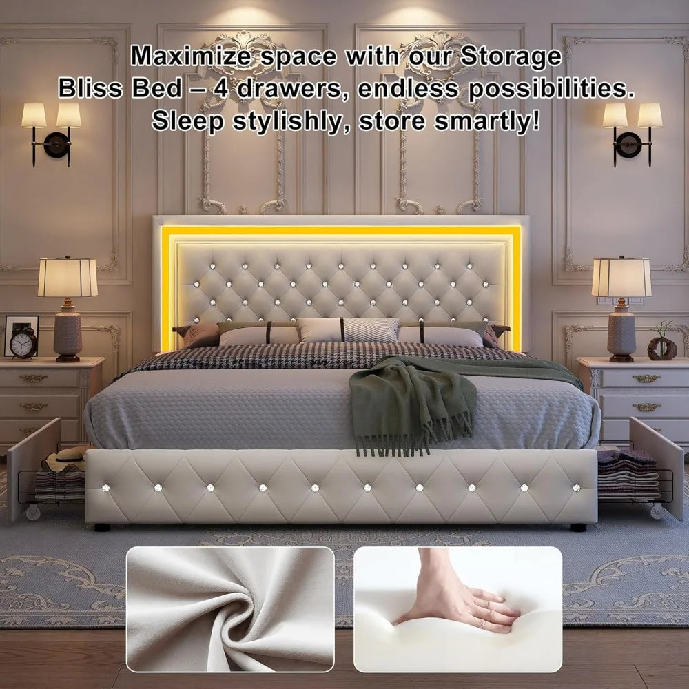 King Bed Frame with LED Lights, Storage Drawers, No Box Spring Needed, 900 lbs Capacity, Easy Assembly, bedroom furniture White