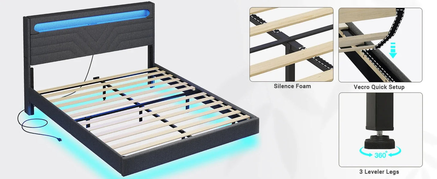 Queen Floating Frame RGB LED Lights ,USB-C/A Power Combo,Linen Upholstered Platform Bed with Storage Headboard