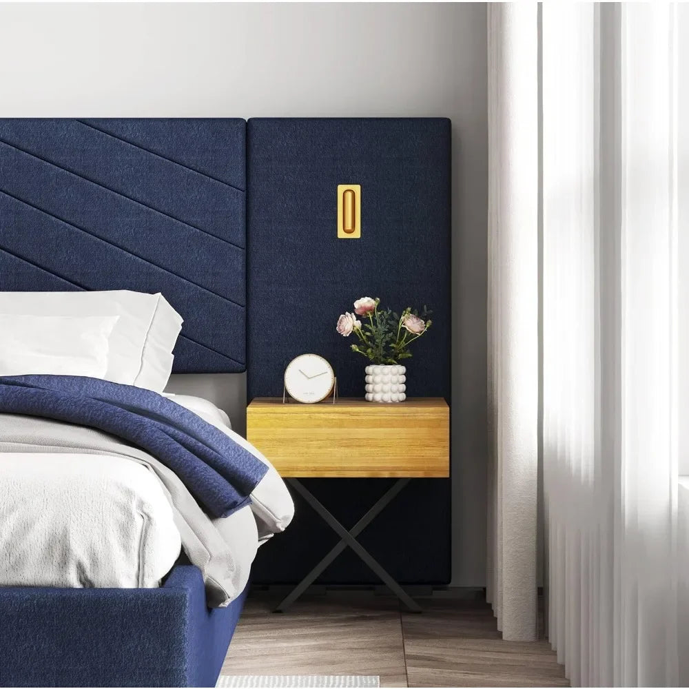 Luxury Bed Frame with Built-in Gold LED Lights and Nightstands, King Size Platform Bed with Oversize Upholstered Headboard