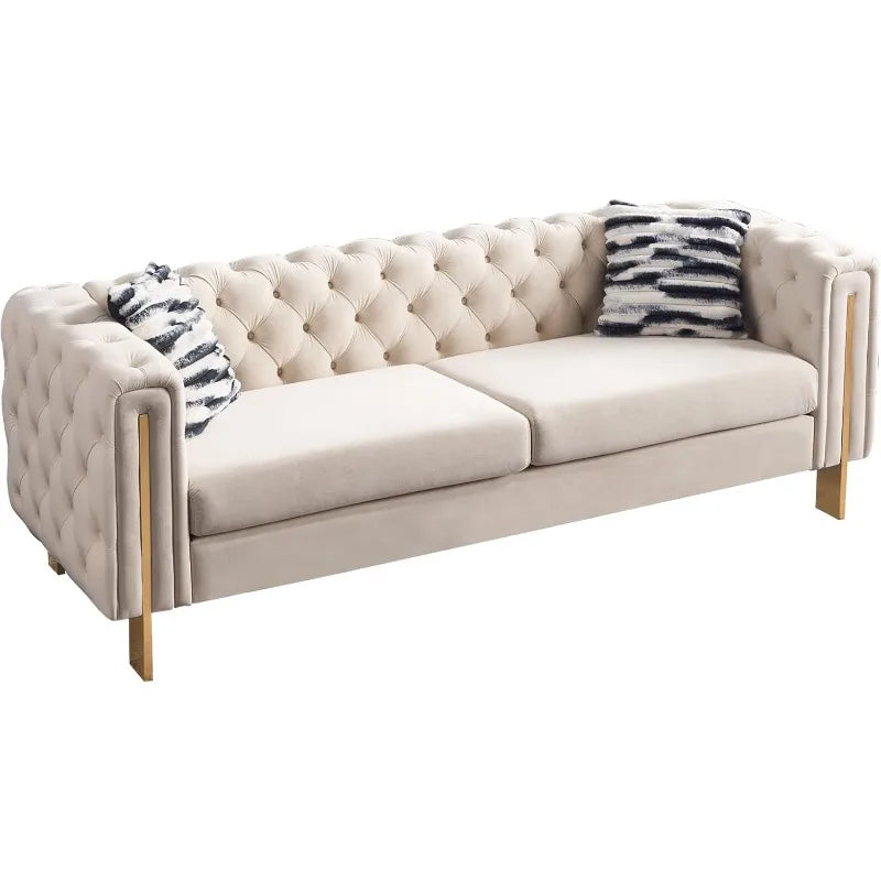 Modern Velvet Sofa for Living Room, 84 Inches Long Tufted Couch Upholstered Sofa with 2 Pillows High Arm and Metal Legs Decor