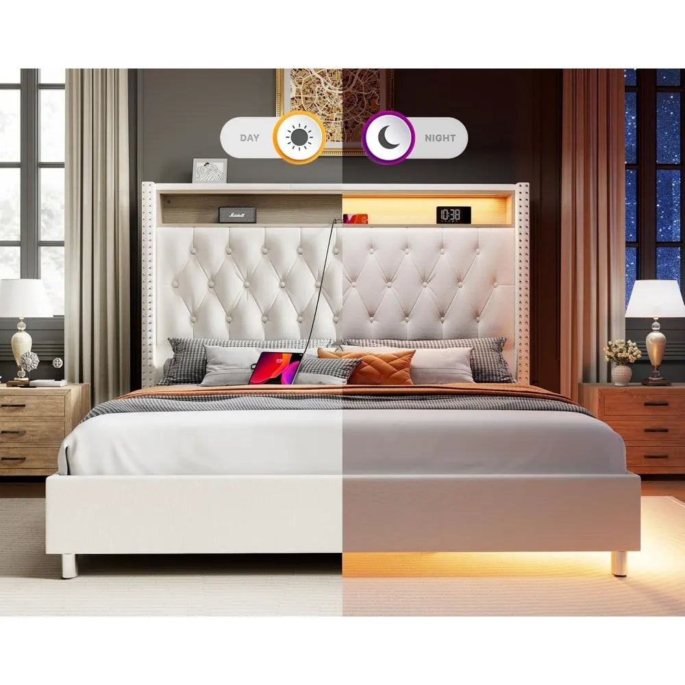King Bed Frame with Headboard LED Lights and Charging Station, Velvet Tall Upholstered Platform Bed Storage No Box Spring Needed