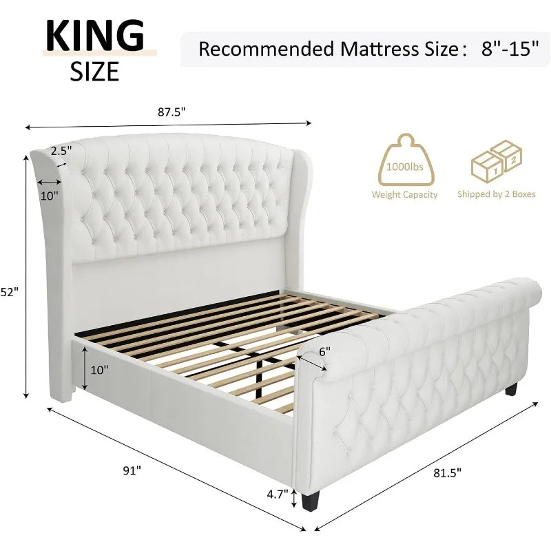 AMERLIFE King Size Platform Bed Frame, Chenille Upholstered Sleigh Bed with Scroll Wingback Headboard & Footboard/Button Tufted