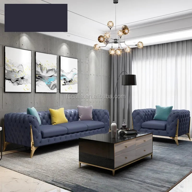 Home Furniture Chesterfield Design Royal Luxury Gold Foot Living Room Genuine Leather Velvet Sofa Set