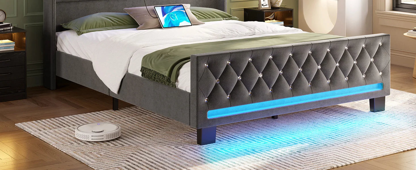 Twin Bed Frame with LED Light and Charging Station, Upholstered High Headboard and Footboard, Wood Slats, Noise Free, Easy Assem