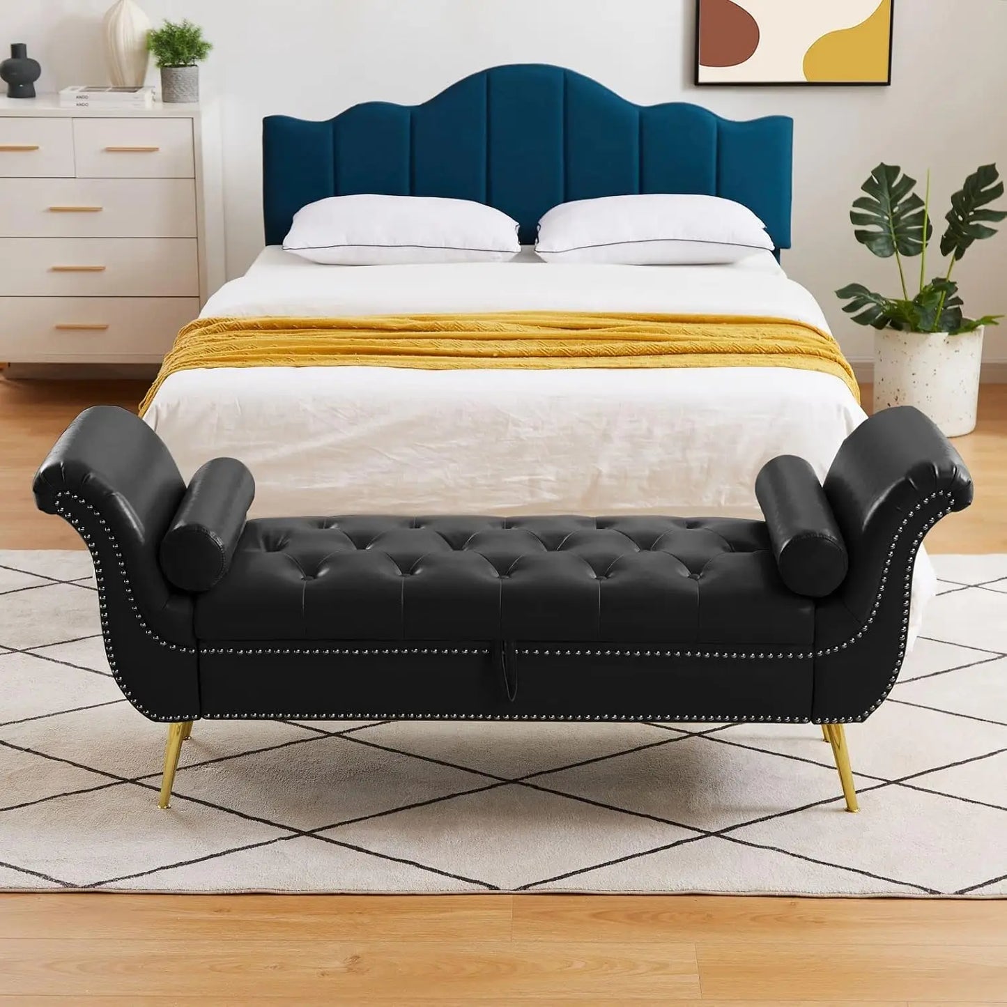 PU Leather Storage Benches End of Bed Vintage Flared Rolled Armed Bedroom Ottoman Bench Button Tufted Entryway Window