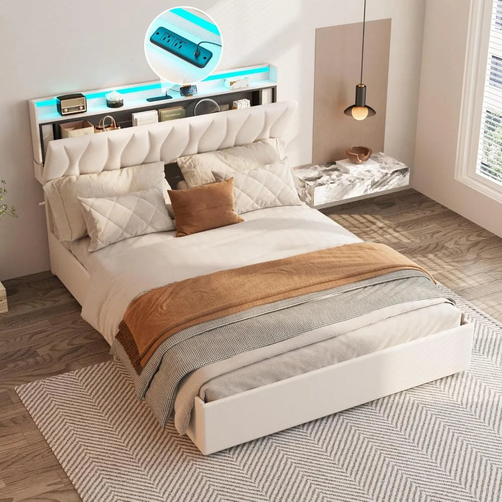 bedstead King Size Lift Up Storage, Height Adjustable Storage Headboard with Charging Station, LED Lights Platform Bed, bedstead