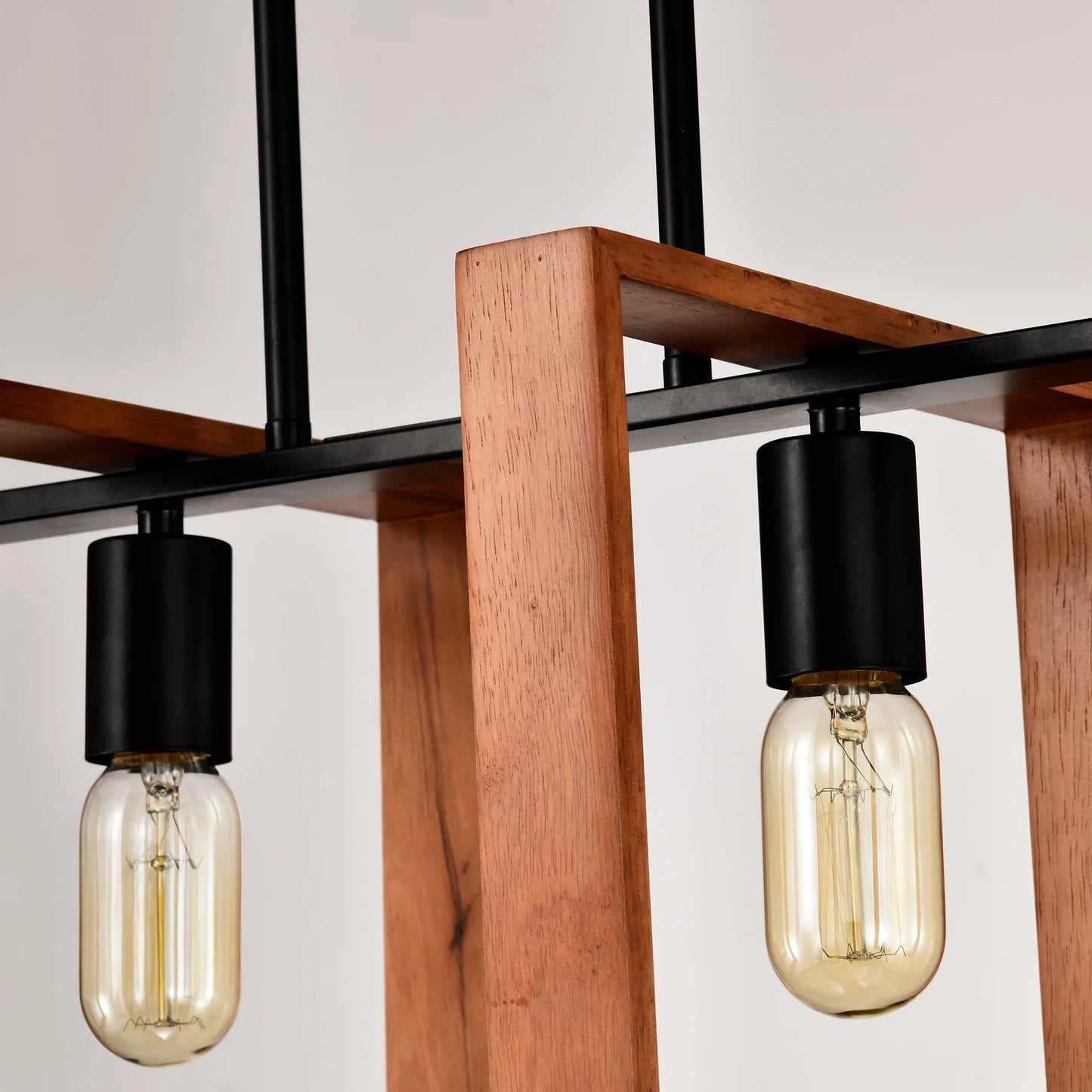 4-Light Kitchen Island Lights Pendant Light Farmhouse Dining Room Light Fixture, Rustic Wood and Black Metal Rectangular Chandel