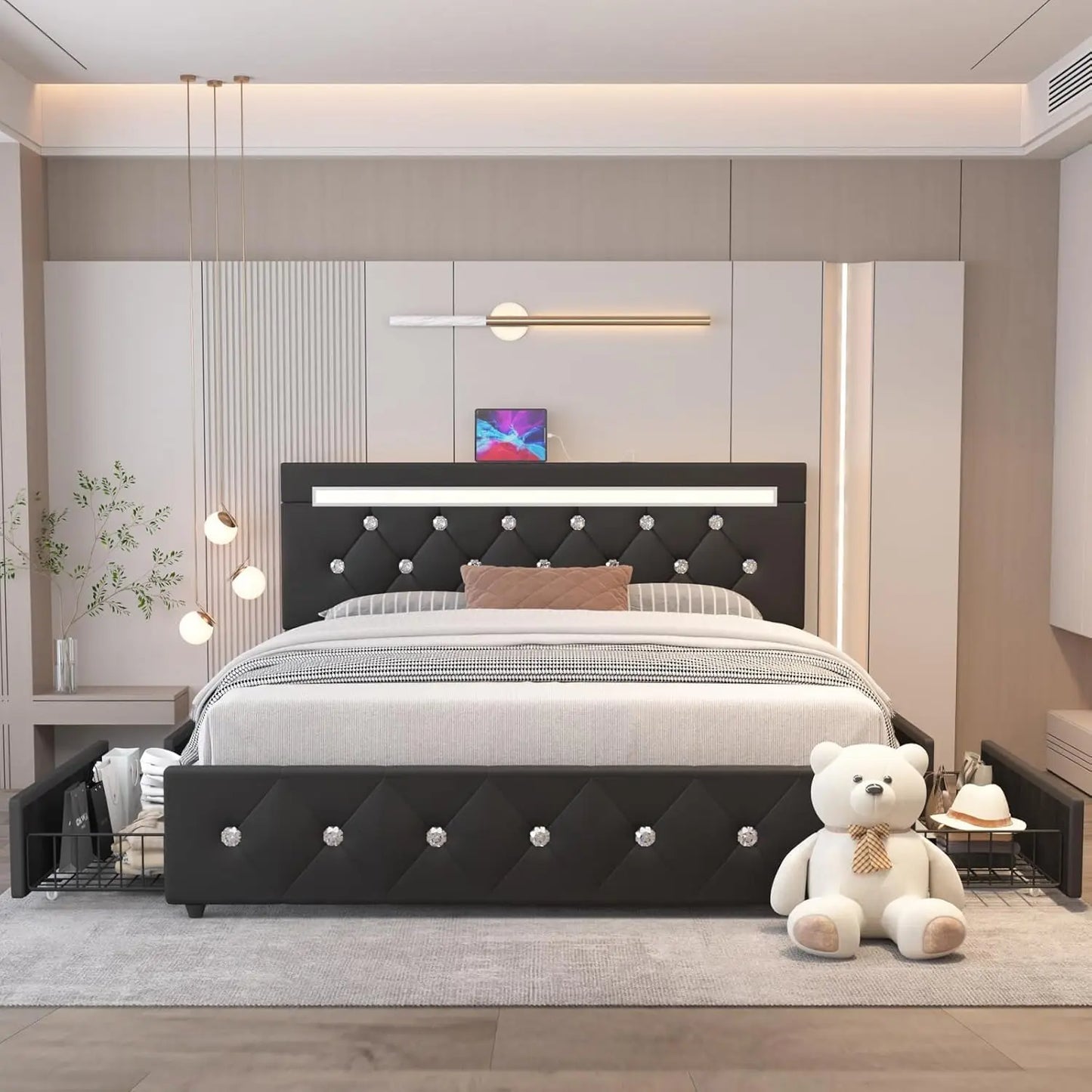 Queen Size Bed Frame with 4 Drawers and Adjustable LED Headboard,PU Leather Upholstered Platform Storage Bed w/Charging Station