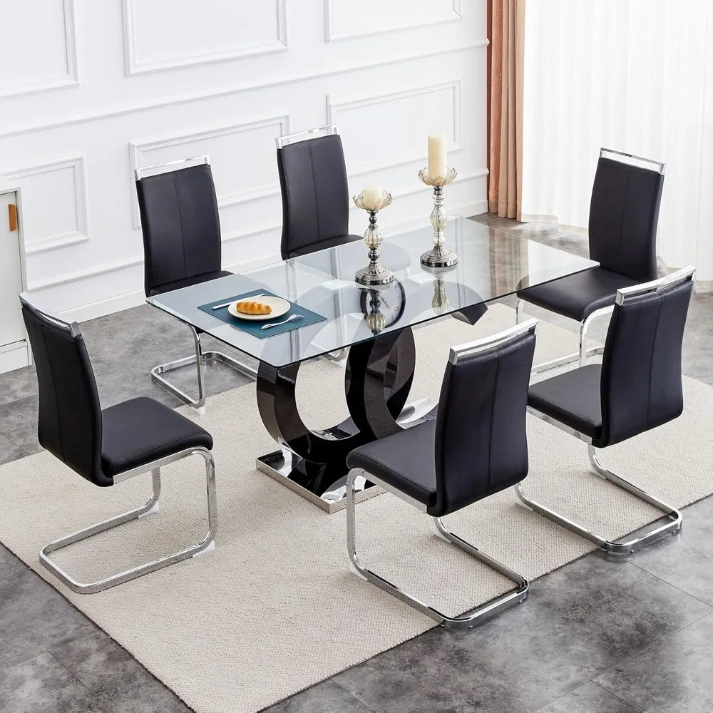 Glass Dining Table Set for 6 ,7 Piece Dining Table Set,Tempered Glass Table Top,PU Leather Ergonomic Dining Chairs Easy Assembly
