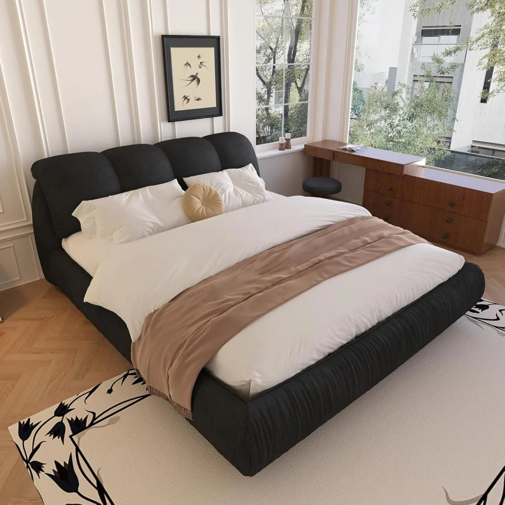 Deluxe king-size upholstered platform bed with upholstered backrest, soft-framed cloud bed, thickened pine slats, metal legs