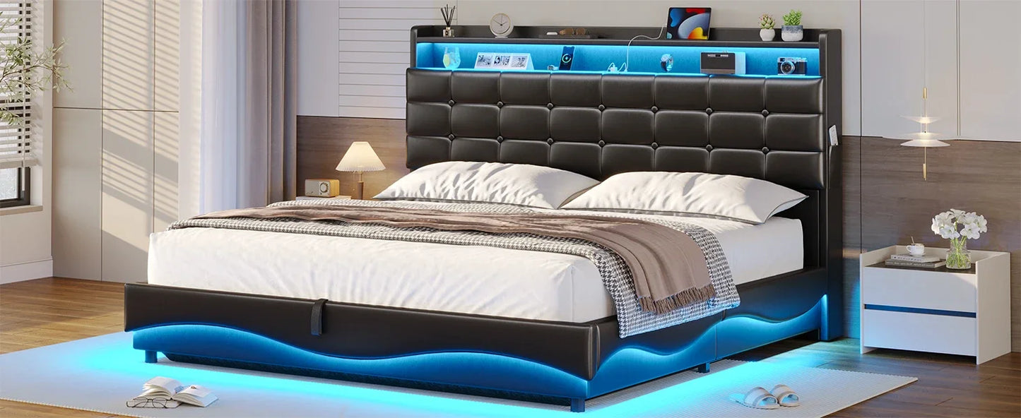 Queen Floating Frame RGB LED Lights ,USB-C/A Power Combo,Linen Upholstered Platform Bed with Storage Headboard