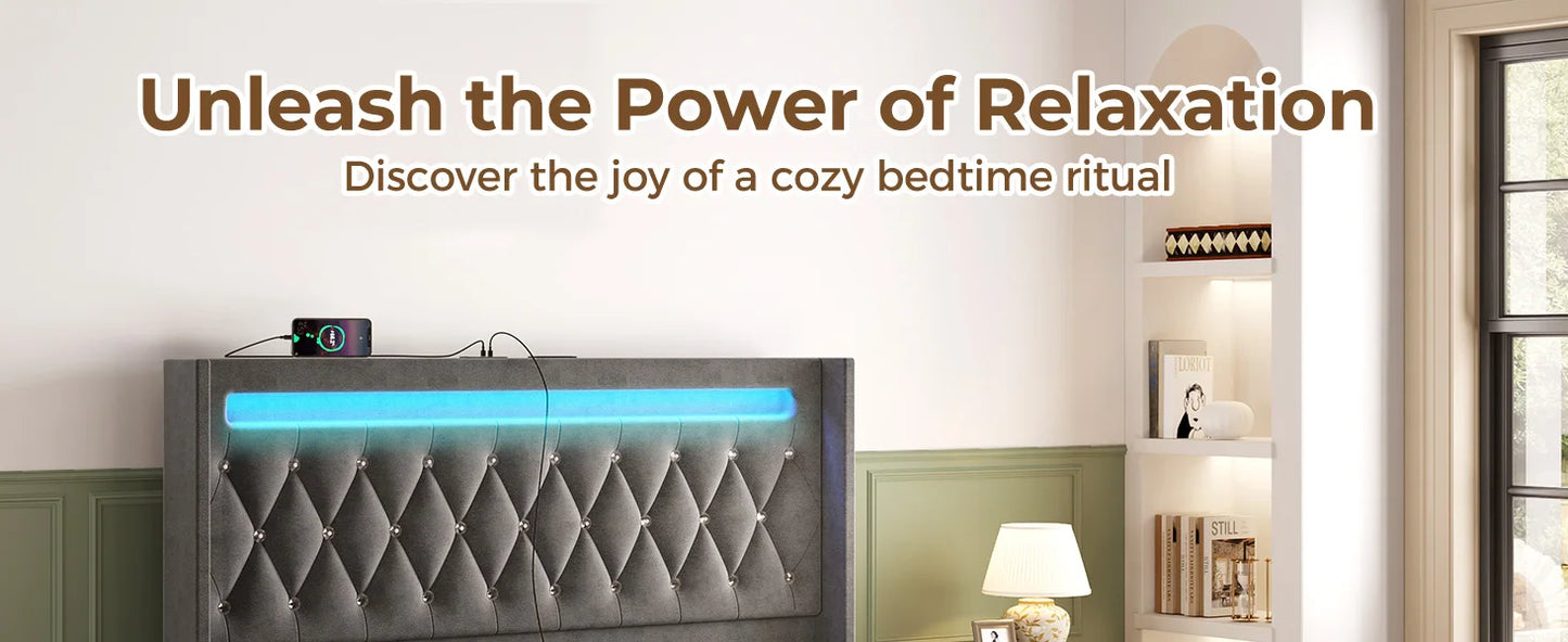 Twin Bed Frame with LED Light and Charging Station, Upholstered High Headboard and Footboard, Wood Slats, Noise Free, Easy Assem