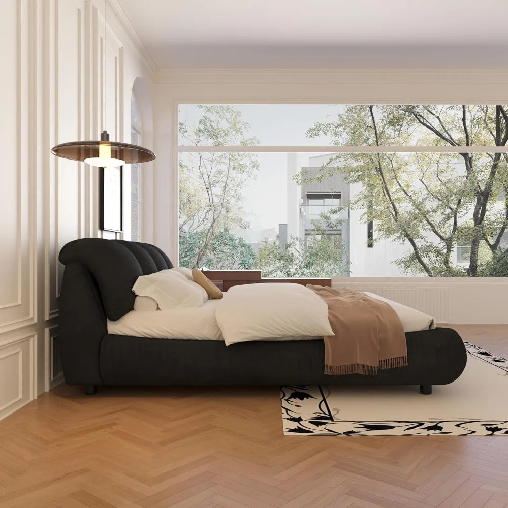 Deluxe king-size upholstered platform bed with upholstered backrest, soft-framed cloud bed, thickened pine slats, metal legs