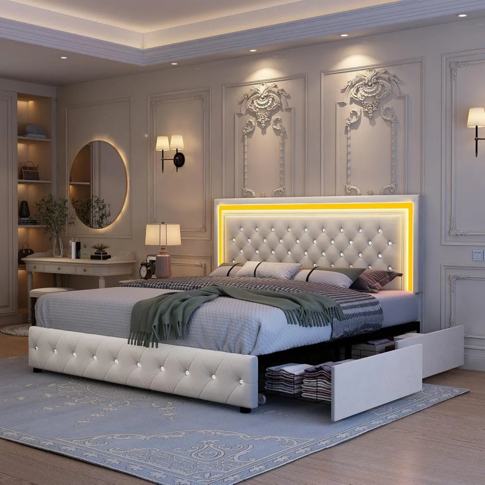 King Bed Frame with LED Lights, Storage Drawers, No Box Spring Needed, 900 lbs Capacity, Easy Assembly, bedroom furniture White