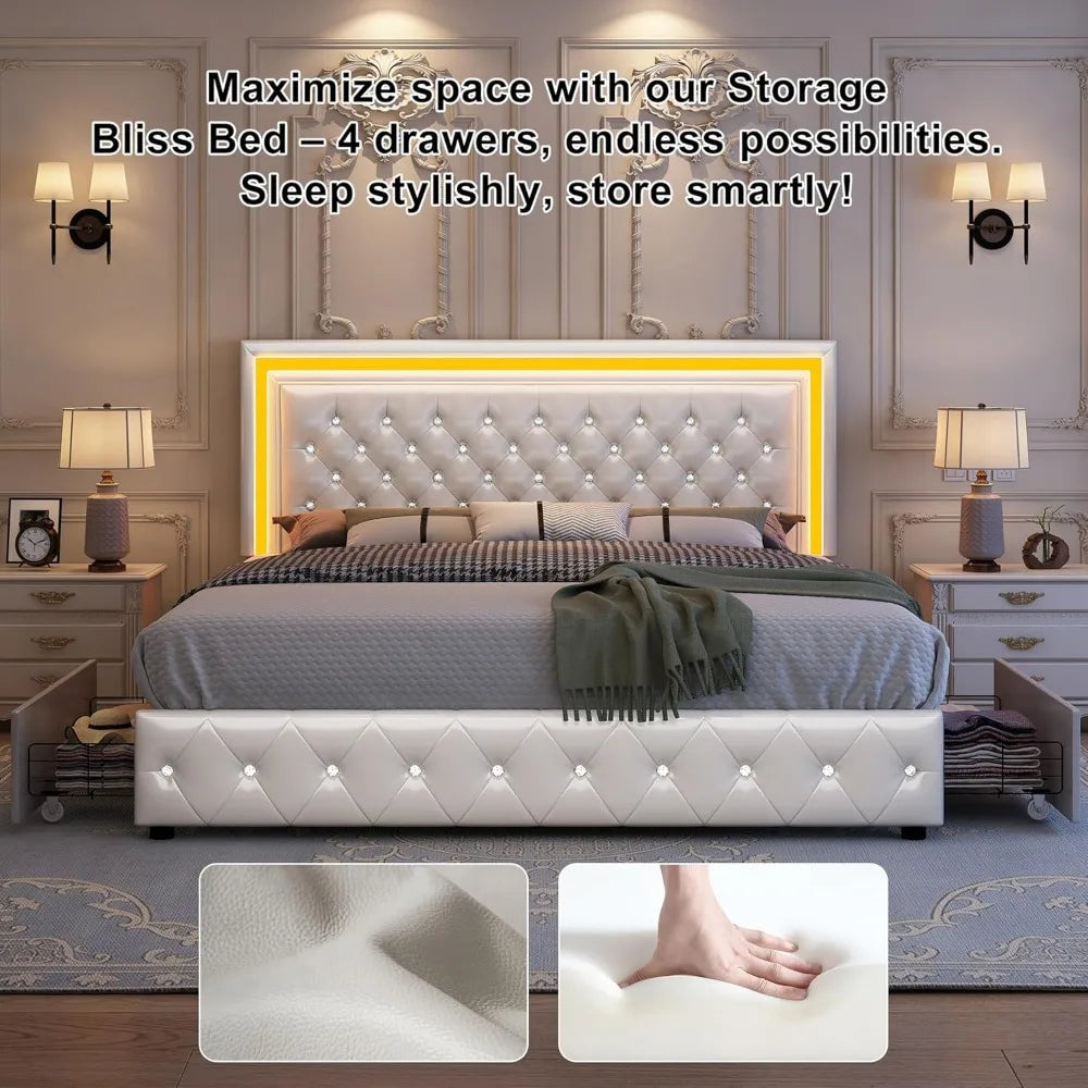 King Bed Frame with LED Lights, Storage Drawers, No Box Spring Needed, 900 lbs Capacity, Easy Assembly, bedroom furniture White