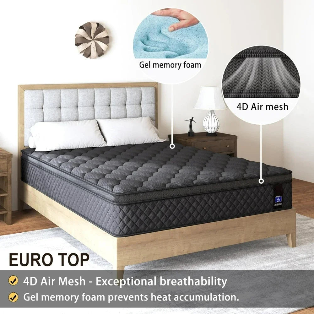 Queen Mattress,14 Inch Hybrid Mattress Black,Euro Top Mattress Medium Firm for Back & Lumbar Support,100 Night Trial, Individual