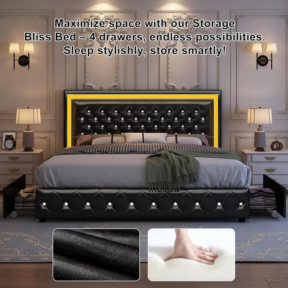 King Bed Frame with LED Lights, Storage Drawers, No Box Spring Needed, 900 lbs Capacity, Easy Assembly, bedroom furniture White