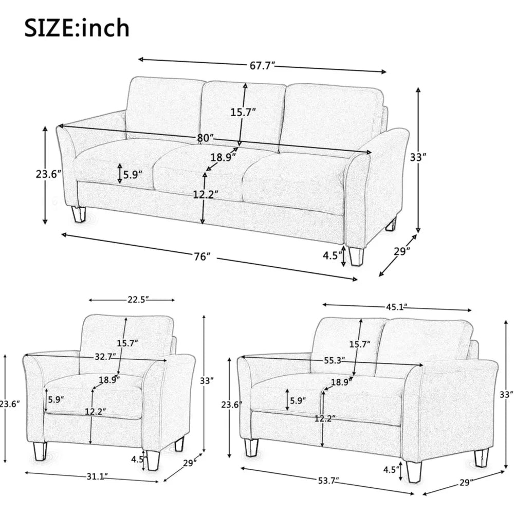 Sectional Sofa Sets, Modern Polyester Blend Sectional Couch Set with Sofa, Loveseat and Armchair, Living Room Furniture Sets