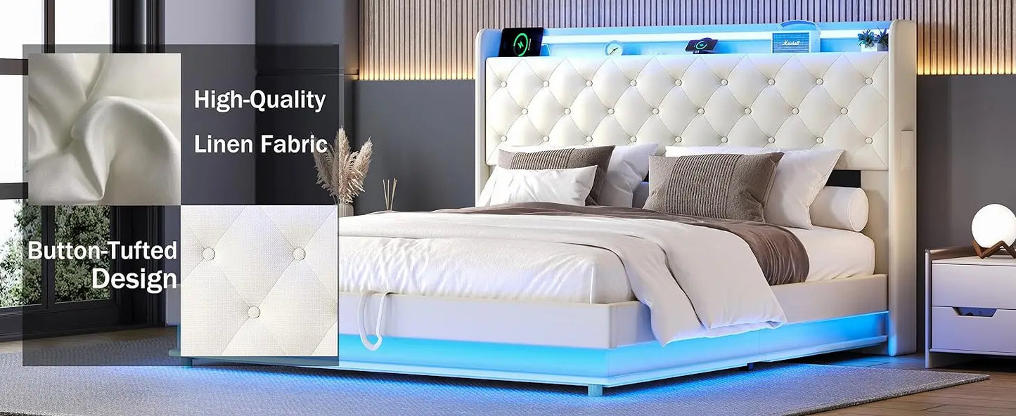Bed Frame with Charging Station & Led Lights, Upholstered Platform Bed with Button Tufted Wingback Storage Headboard