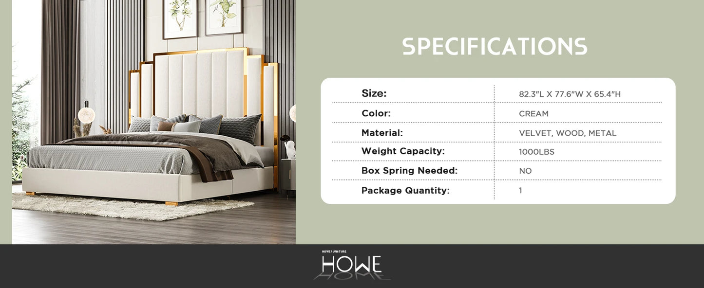 Queen Size Bed Frame and 61" Headboard, Upholstered Bed with Golden Plating Trim, Modern Platform Bed, Bed Bedroom Furniture
