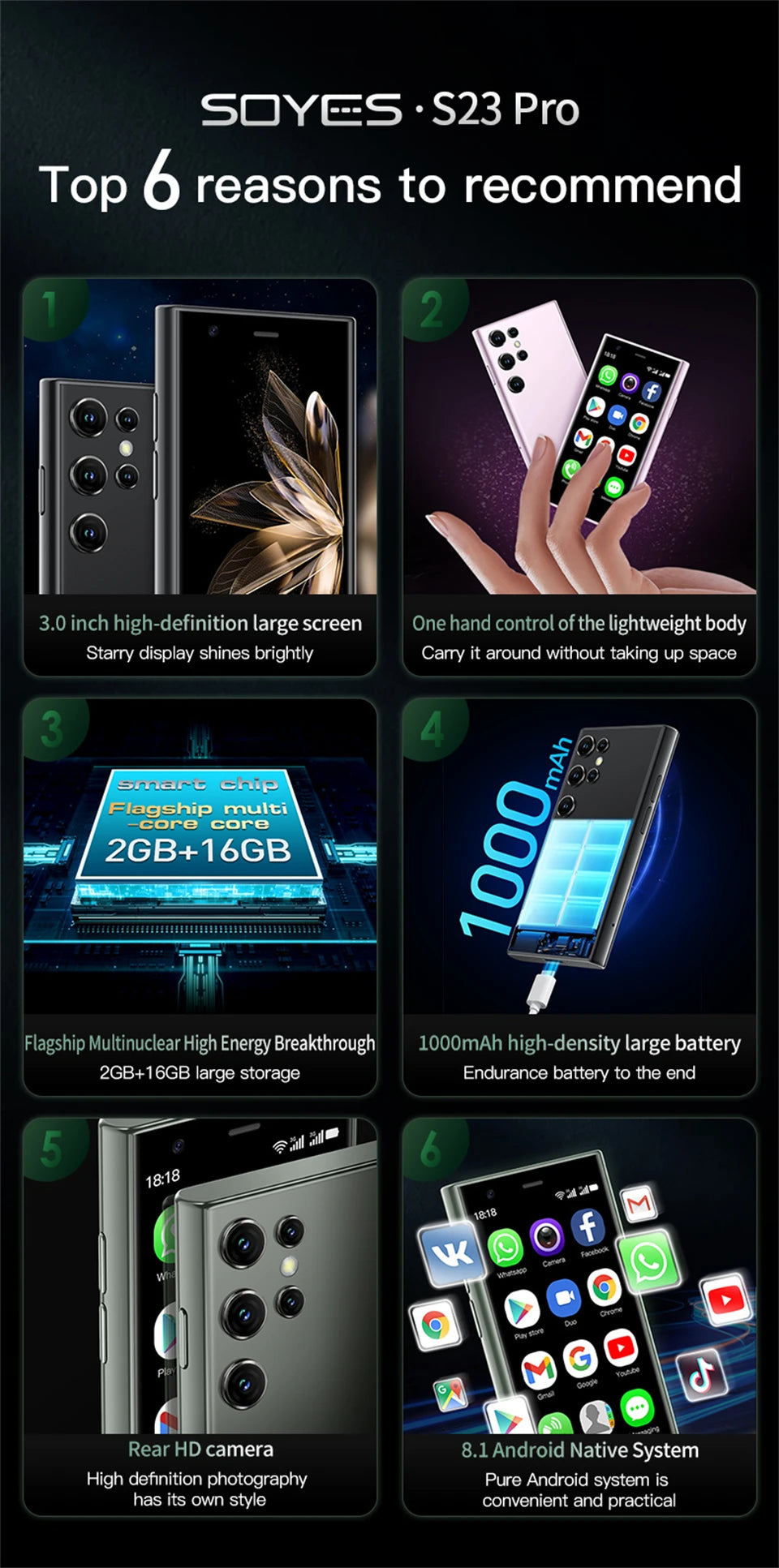 SOYES S23 Pro 3.0" Android8.1 Mini Smartphone 2GB RAM 16GB ROM Dual SIM Standby 1000mAh 3G Network Compact Mobile Phone