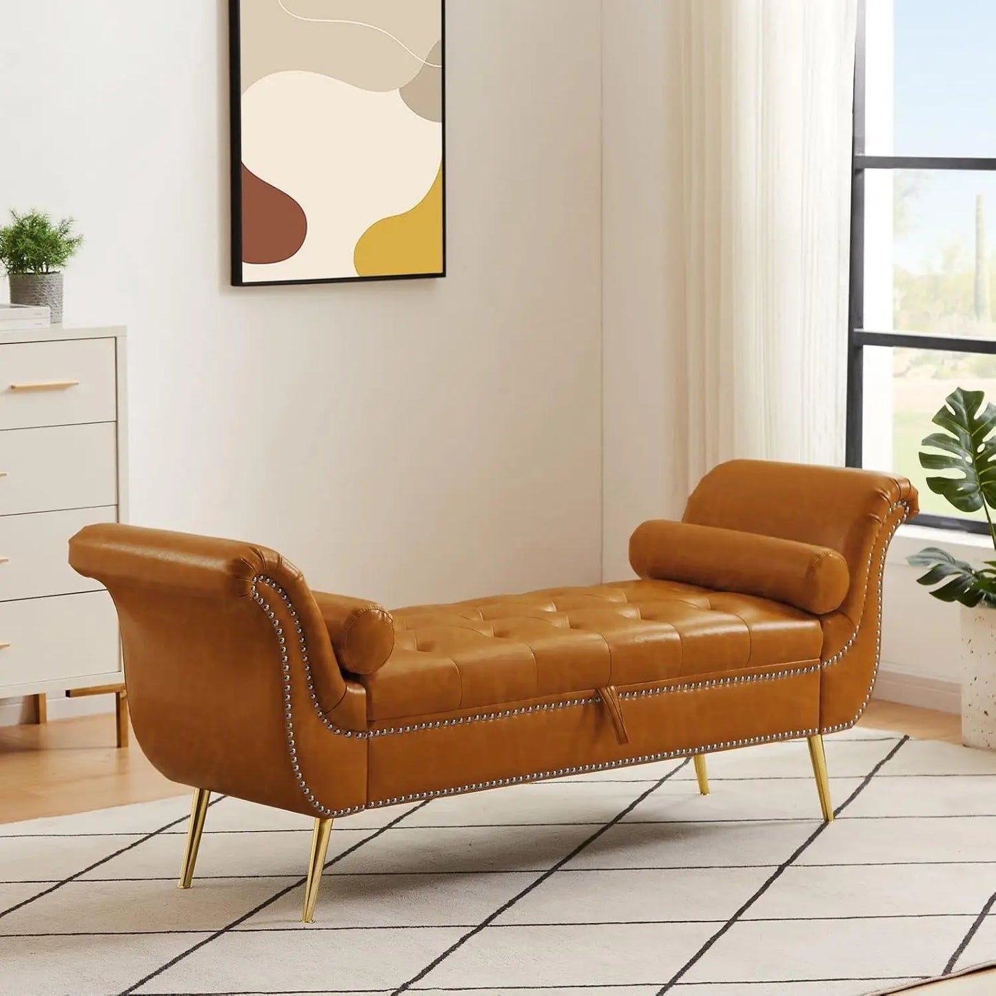 PU Leather Storage Benches End of Bed Vintage Flared Rolled Armed Bedroom Ottoman Bench Button Tufted Entryway Window