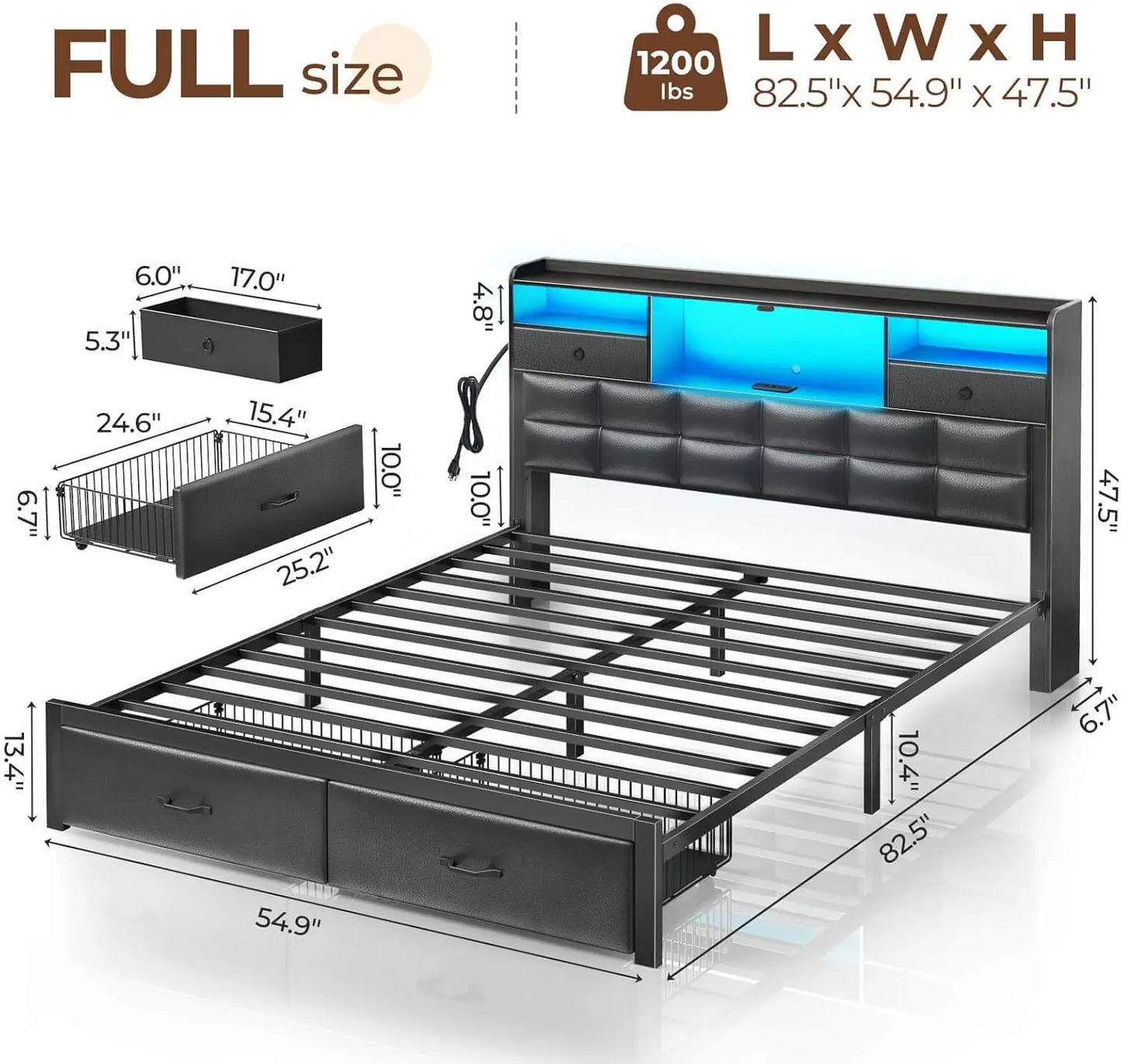 Bed Frame Full Size with Drawers and Charging Station, Upholstered Platform Bed with Storage Headboard and LED Light, Heavy Duty