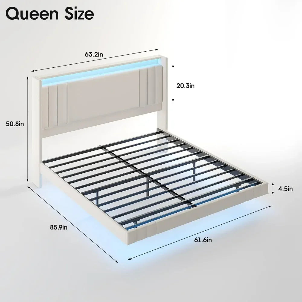 Floating Bed Frame, 50.8" Tall Headboard LED with Charging Station, Metal Platform Bed Frame, Upholstered Platform Beds Home