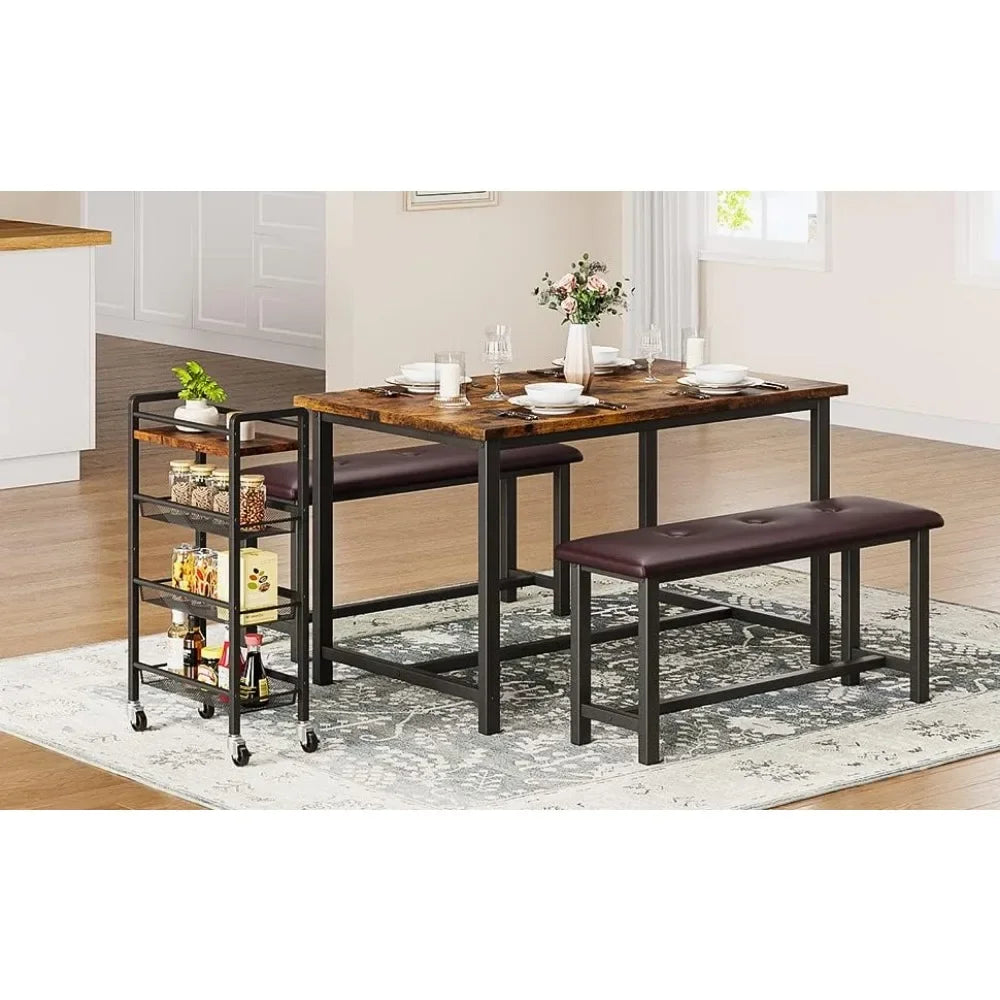 Dining Table Set for 4, Kitchen Table with Benches, Rectangular Dining Room Table Set with 2 Metal Wood Benches, 3 Piece Dining