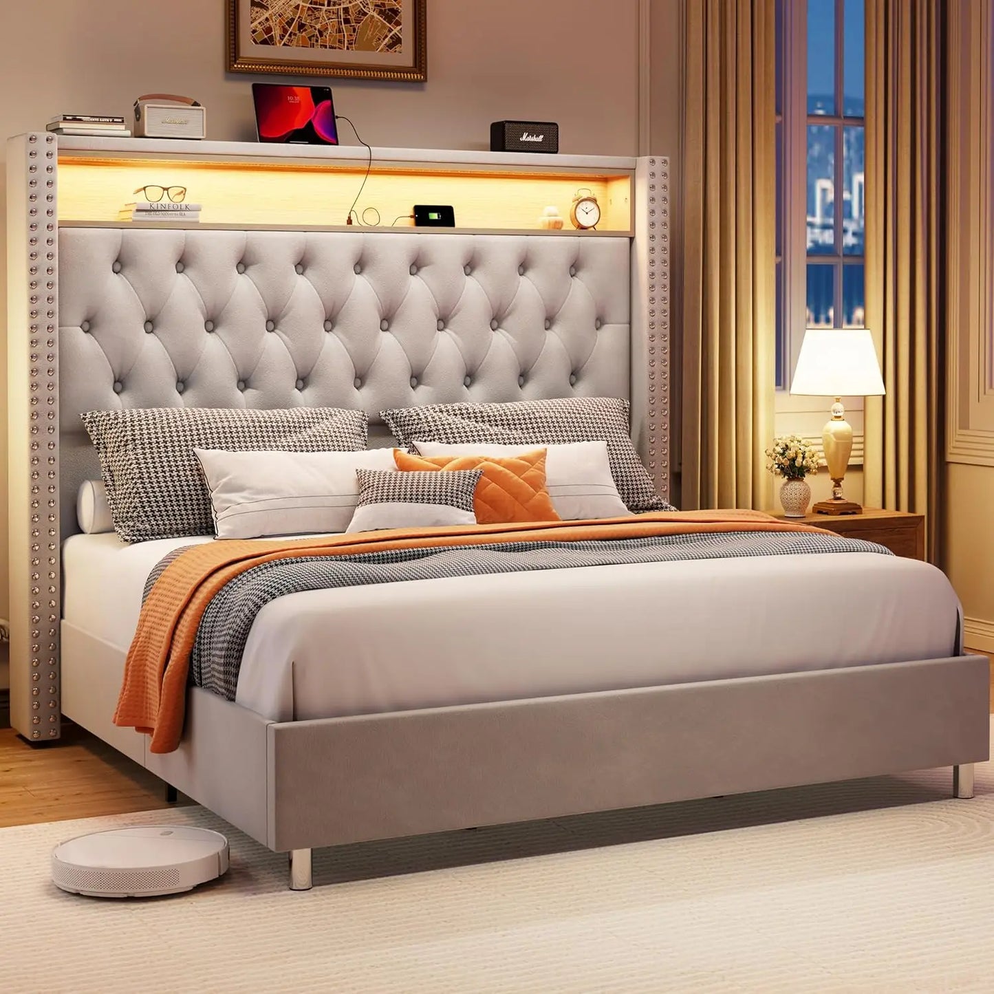King Bed Frame with Headboard LED Lights and Charging Station, Velvet Tall Upholstered Platform Bed Storage No Box Spring Needed
