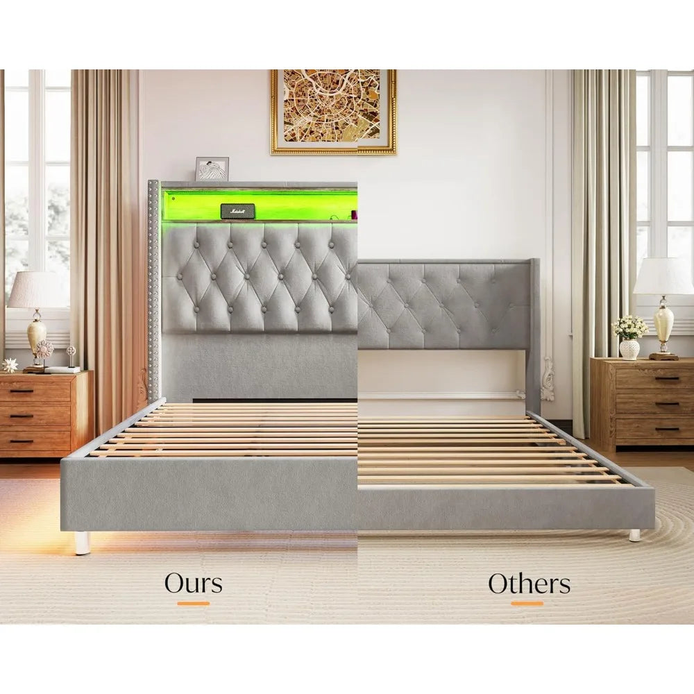 King Bed Frame with Headboard LED Lights and Charging Station, Velvet Tall Upholstered Platform Bed Storage No Box Spring Needed