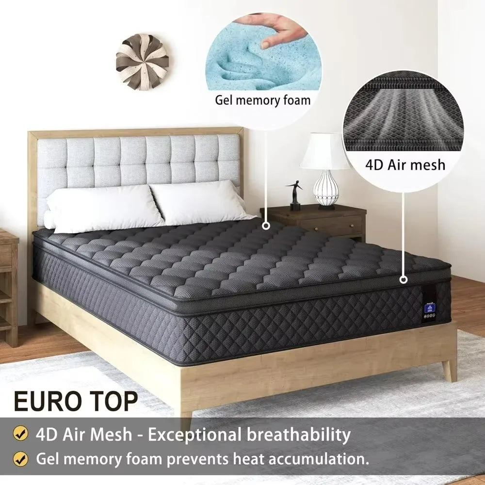 Queen Mattress,14 Inch Hybrid Mattress Black,Euro Top Mattress Medium Firm for Back & Lumbar Support,100 Night Trial, Individual