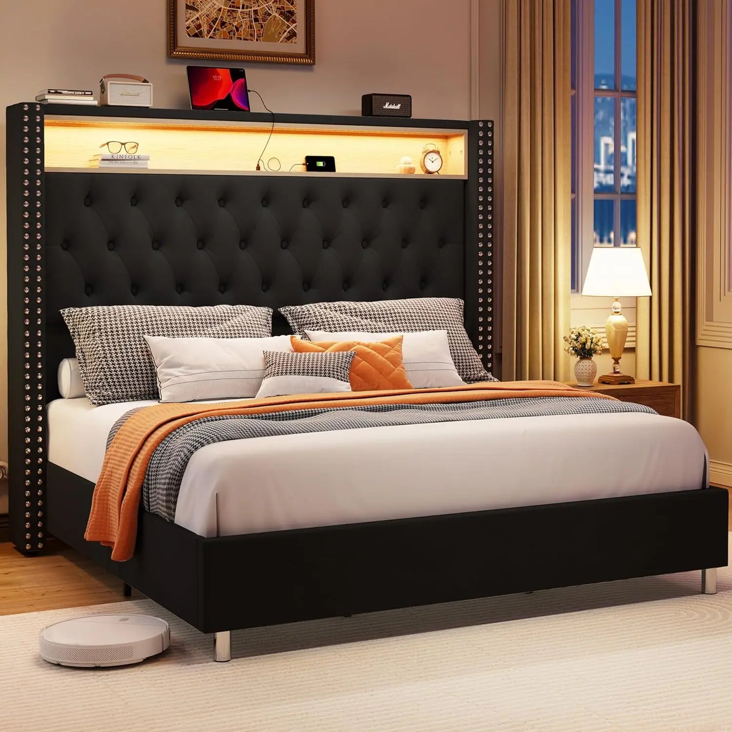 King Bed Frame with Headboard LED Lights and Charging Station, Velvet Tall Upholstered Platform Bed Storage No Box Spring Needed