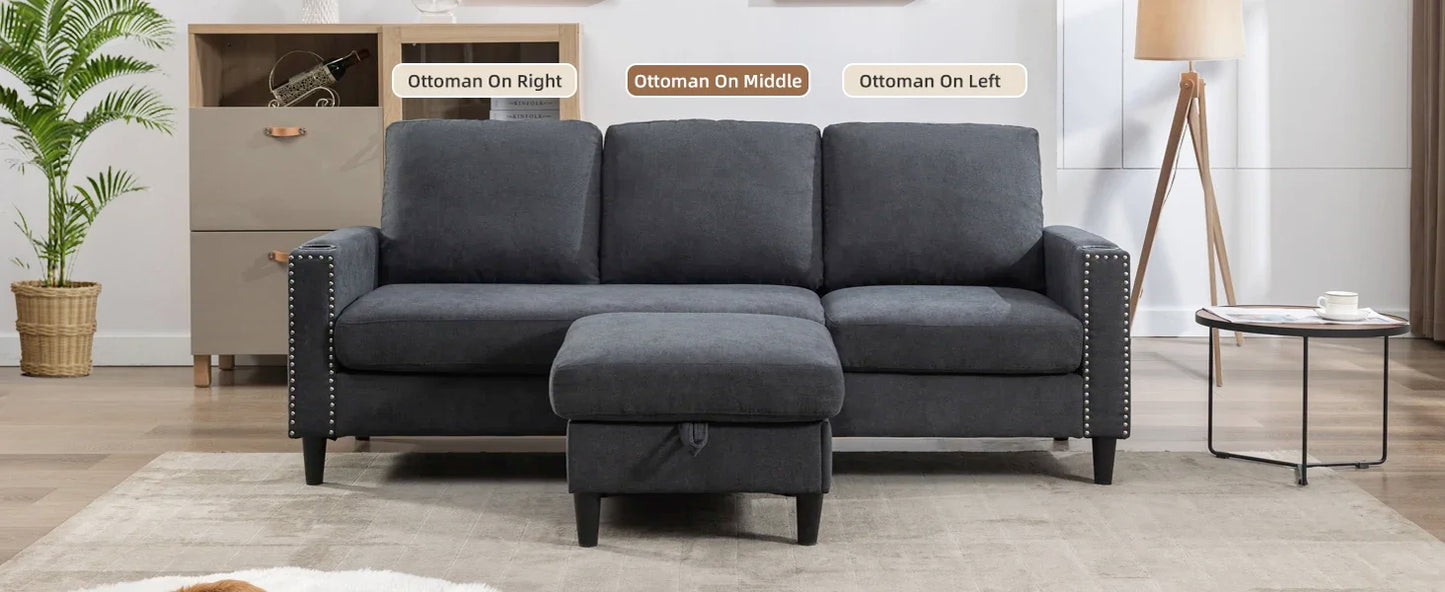 Convertible Sectional Couches for Living Room, L-Shaped Couch 3 Seats Sofas with Storage Chaise & 2 Cup Holders, Small Sofa