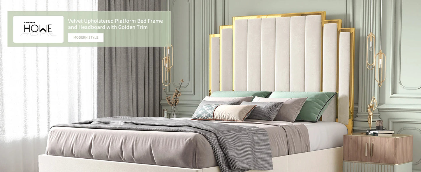 Queen Size Bed Frame and 61" Headboard, Upholstered Bed with Golden Plating Trim, Modern Platform Bed, Bed Bedroom Furniture