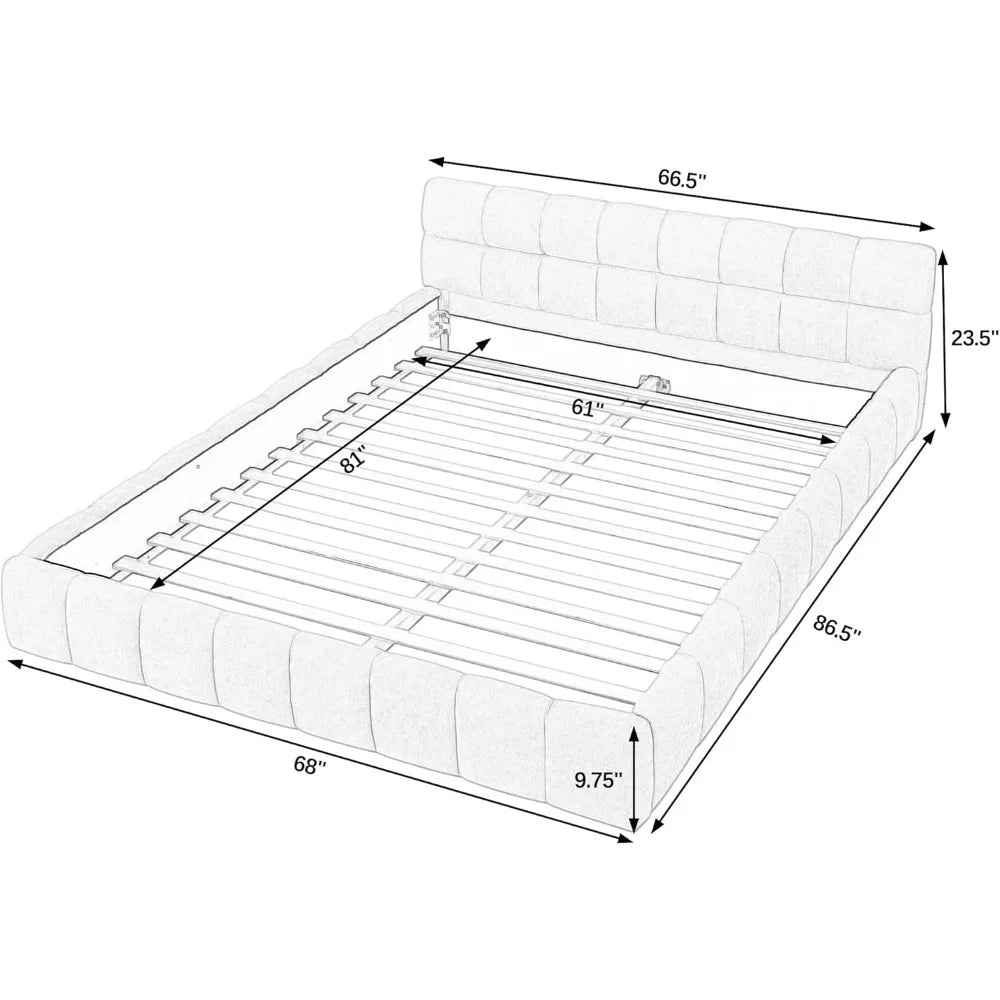 Queen Size Upholstered Grounded Bed with Bedside Desk and Stool,Upholstered Headboard,Grounded Upholstered Wood Base Bed Frame