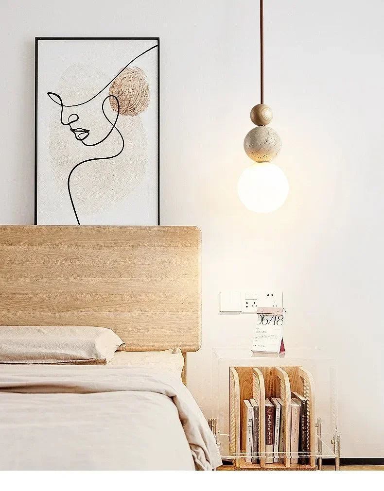 Yellow Travertine Bedside Chandelier Mahogany Nordic Japanese Log Wabi Sabi Style Homestay Single Head Long Line Pendant Lights