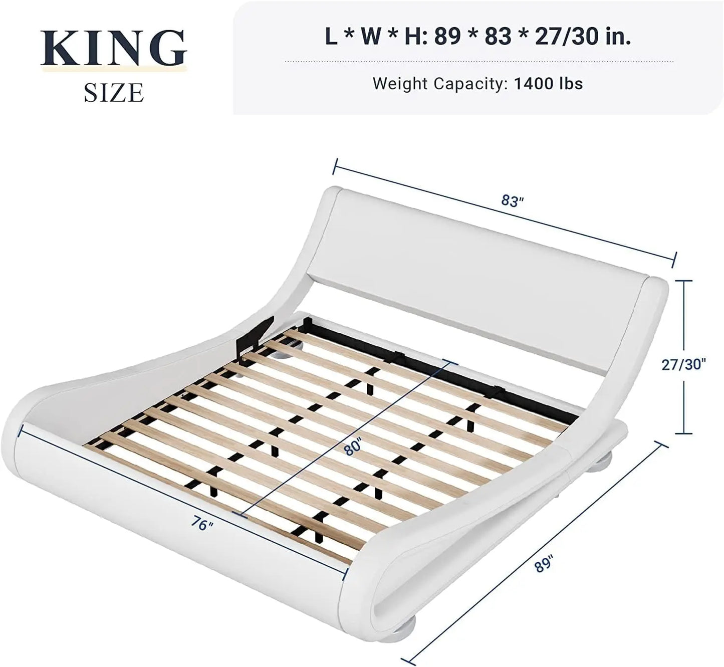 Upholstered Platform Bed Frame with Ergonomic & Adjustable Headboard, Modern Low Profile Sleigh Design