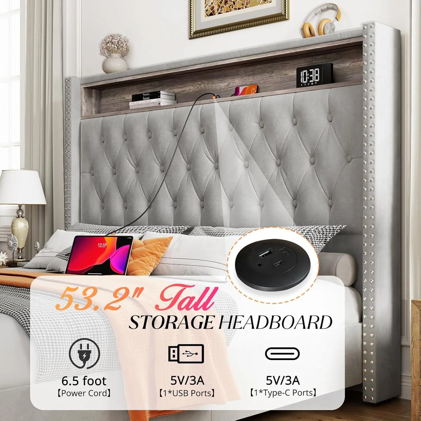 King Bed Frame with Headboard LED Lights and Charging Station, Velvet Tall Upholstered Platform Bed Storage No Box Spring Needed