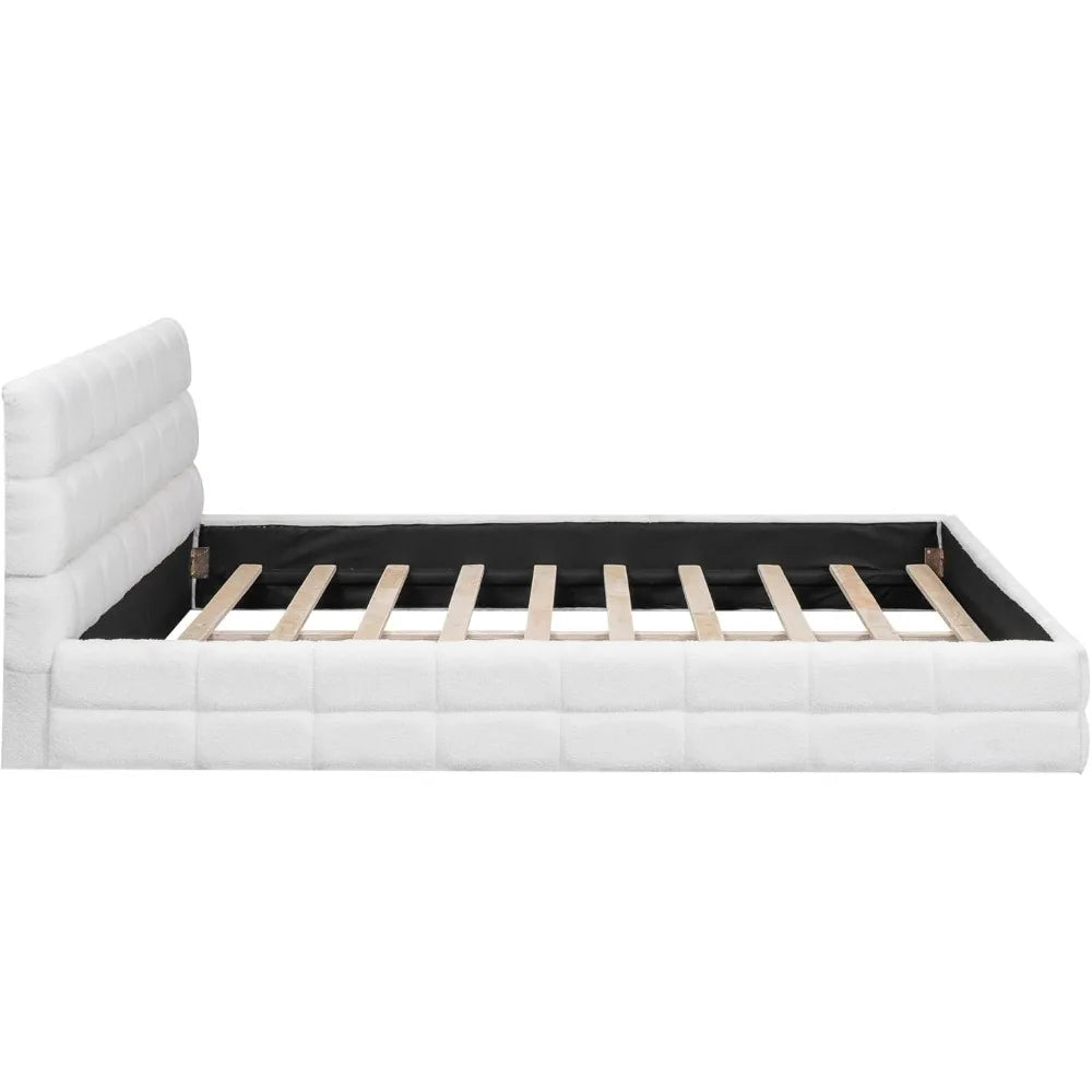 Large Cushioned Platform Bed Frame, Berber Wool Cushioned Grounded Bed with Solid Frame and Tufted Headboard