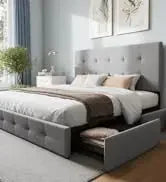 King Bed Frame Platform Bed,Linen Fabric Upholstered Headboard and Wooden Slats Support,Heavy Duty Mattress Foundation,Beige
