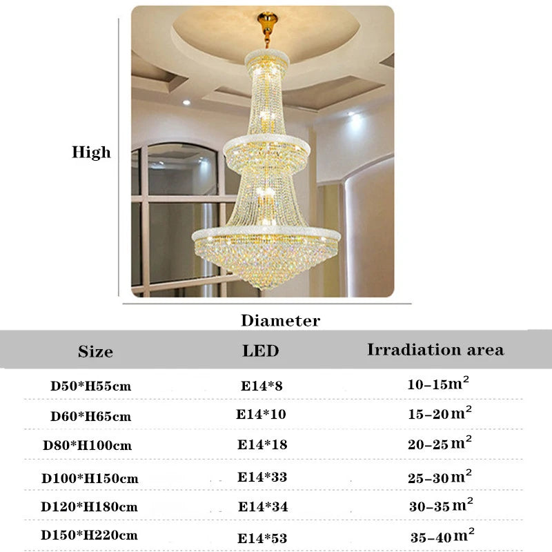 LED Pendant Light Luxury Living Room Crystal Chandelier Hotel Lobby Villa High Ceiling Staircase European-Style Chandelier
