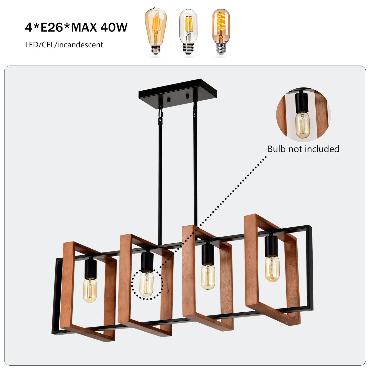 4-Light Kitchen Island Lights Pendant Light Farmhouse Dining Room Light Fixture, Rustic Wood and Black Metal Rectangular Chandel