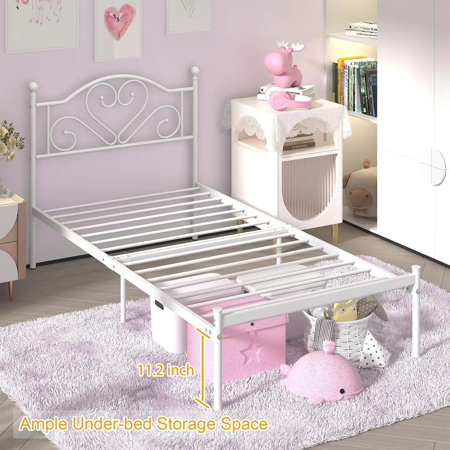 Full Size Bed Frame with Headboard, Heavy Duty Steel Slat Support Platform Under Bed Storage Space No Box Spring Needed, White