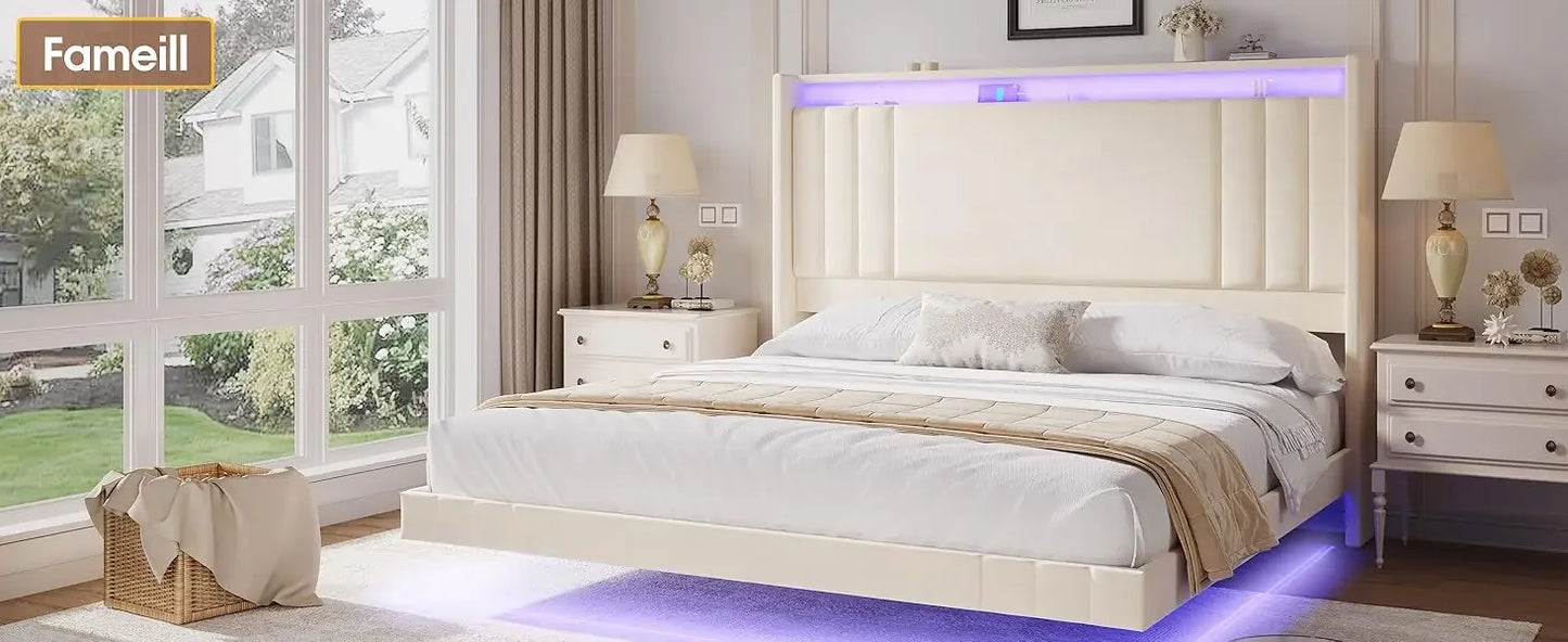 Floating Bed Frame, 50.8" Tall Headboard LED with Charging Station, Metal Platform Bed Frame, Upholstered Platform Beds Home
