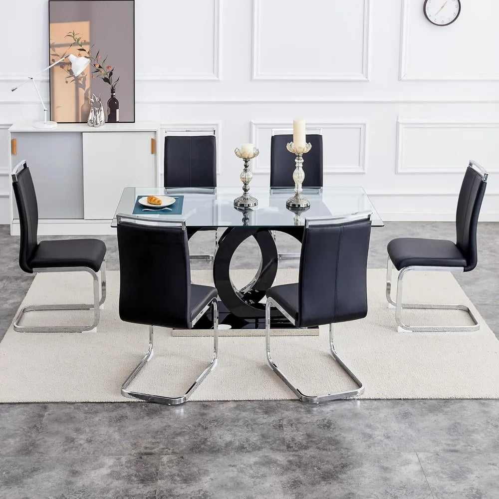 Glass Dining Table Set for 6 ,7 Piece Dining Table Set,Tempered Glass Table Top,PU Leather Ergonomic Dining Chairs Easy Assembly