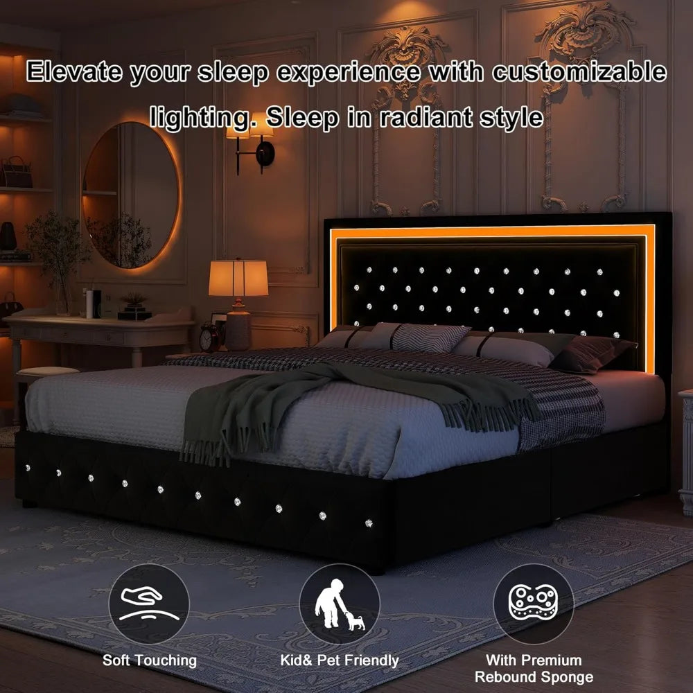 King Bed Frame with LED Lights, Storage Drawers, No Box Spring Needed, 900 lbs Capacity, Easy Assembly, bedroom furniture White