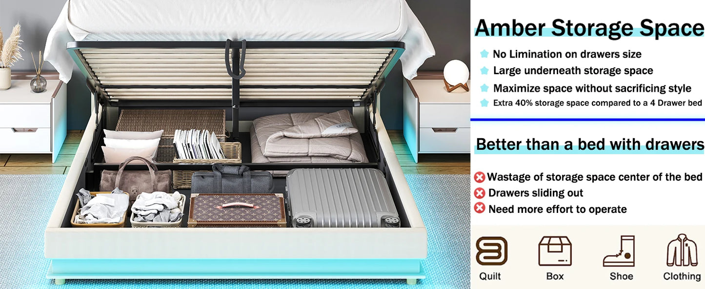 Bed Frame with Charging Station & Led Lights, Upholstered Platform Bed with Button Tufted Wingback Storage Headboard